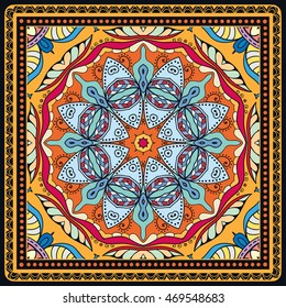 Decorative abstract color background, mandala geometric floral pattern with ornate lace frame, tribal ethnic ornament. Bandanna shawl fabric print, silk neck scarf, kerchief design, vector decoration