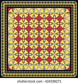 Decorative abstract color background, square geometric floral pattern with ornate lace frame, tribal ethnic ornament. Bandanna shawl fabric print, silk neck scarf, kerchief design, vector decoration