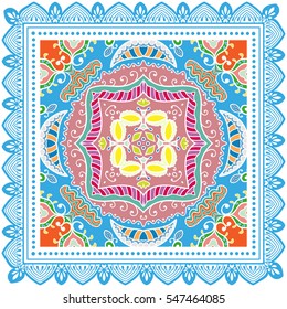 Decorative abstract colorful art background, geometric floral pattern with ornate lace frame. Tribal ethnic ornament. Bandanna shawl fabric print, silk neck scarf, kerchief design, vector decoration