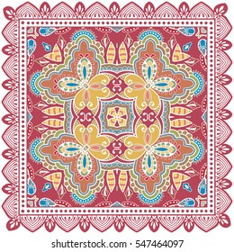 Decorative abstract colorful art background, geometric floral pattern with ornate lace frame. Tribal ethnic ornament. Bandanna shawl fabric print, silk neck scarf, kerchief design, vector decoration