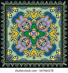 Decorative abstract colorful art background, geometric floral pattern with ornate lace frame. Tribal ethnic ornament. Bandanna shawl fabric print, silk neck scarf, kerchief design, vector decoration