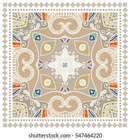 Decorative abstract colorful art background, geometric floral pattern with ornate lace frame. Tribal ethnic ornament. Bandanna shawl fabric print, silk neck scarf, kerchief design, vector decoration