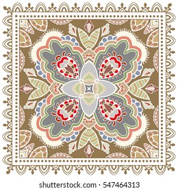 Decorative abstract colorful art background, geometric floral pattern with ornate lace frame. Tribal ethnic ornament. Bandanna shawl fabric print, silk neck scarf, kerchief design, vector decoration