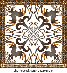 Decorative abstract colorful background, geometric floral doodle pattern with ornate lace frame. Tribal ethnic ornament. Bandanna shawl fabric print, silk neck scarf or kerchief design