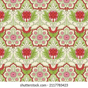 Decorative abstract colorful background, geometric floral pattern with ornate lace frame. ethnic ornament. fabric print, silk neck scarf or kerchief. Seamless traditional indian pattern