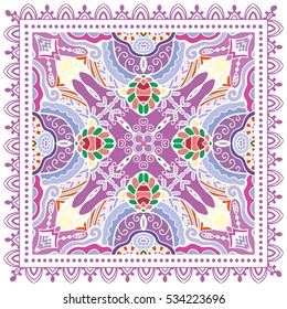 Decorative abstract colorful background, geometric floral pattern with ornate lace frame. Tribal ethnic ornament. Bandanna shawl fabric print, silk neck scarf, kerchief design, vector decoration