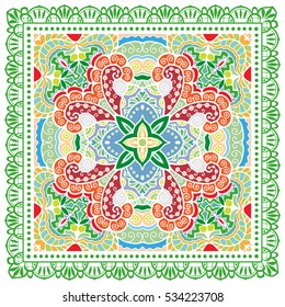 Decorative abstract colorful background, geometric floral pattern with ornate lace frame. Tribal ethnic ornament. Bandanna shawl fabric print, silk neck scarf, kerchief design, vector decoration
