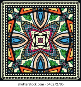 Decorative abstract colorful background, geometric floral doodle pattern with ornate lace frame. Tribal ethnic ornament. Bandanna shawl fabric print, silk neck scarf or kerchief design