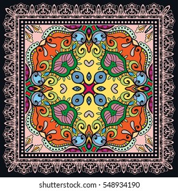 Decorative abstract colorful background, geometric floral doodle pattern with ornate lace frame. Tribal ethnic ornament. Bandanna shawl fabric print, silk neck scarf or kerchief design