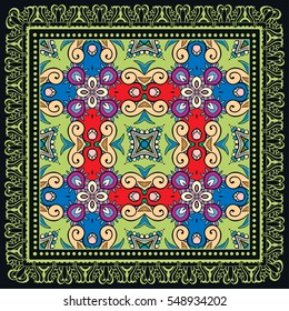 Decorative abstract colorful background, geometric floral doodle pattern with ornate lace frame. Tribal ethnic ornament. Bandanna shawl fabric print, silk neck scarf or kerchief design