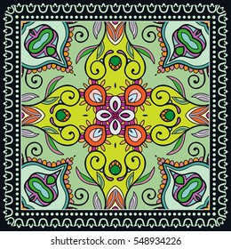 Decorative abstract colorful background, geometric floral doodle pattern with ornate lace frame. Tribal ethnic ornament. Bandanna shawl fabric print, silk neck scarf or kerchief design