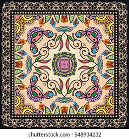 Decorative abstract colorful background, geometric floral doodle pattern with ornate lace frame. Tribal ethnic ornament. Bandanna shawl fabric print, silk neck scarf or kerchief design