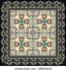 Decorative abstract colorful background, geometric floral doodle pattern with ornate lace frame. Tribal ethnic ornament. Bandanna shawl fabric print, silk neck scarf or kerchief design