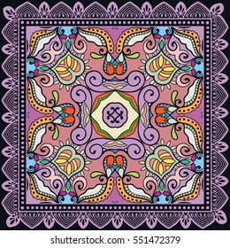 Decorative abstract colorful background, geometric floral doodle pattern with ornate lace frame. Tribal ethnic ornament. Bandanna shawl fabric print, silk neck scarf or kerchief design