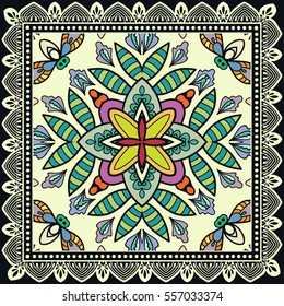 Decorative abstract colorful background, geometric floral doodle pattern with ornate lace frame. Tribal ethnic ornament. Bandanna shawl fabric print, silk neck scarf or kerchief design