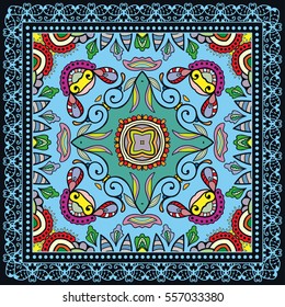 Decorative abstract colorful background, geometric floral doodle pattern with ornate lace frame. Tribal ethnic ornament. Bandanna shawl fabric print, silk neck scarf or kerchief design