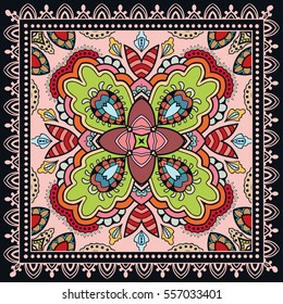Decorative abstract colorful background, geometric floral doodle pattern with ornate lace frame. Tribal ethnic ornament. Bandanna shawl fabric print, silk neck scarf or kerchief design