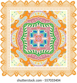Decorative abstract colorful background, geometric floral doodle pattern with ornate lace frame. Tribal ethnic ornament. Bandanna shawl fabric print, silk neck scarf or kerchief design