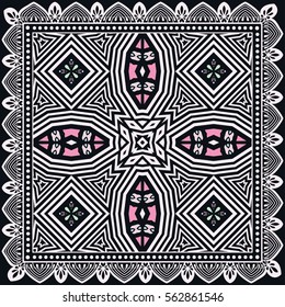 Decorative abstract colorful background, geometric floral doodle pattern with ornate lace frame. Tribal ethnic ornament. Bandanna shawl fabric print, silk neck scarf or kerchief design