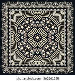 Decorative abstract colorful background, geometric floral doodle pattern with ornate lace frame. Tribal ethnic ornament. Bandanna shawl fabric print, silk neck scarf or kerchief design