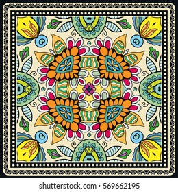 Decorative abstract colorful background, geometric floral doodle pattern with ornate lace frame. Tribal ethnic ornament. Bandanna shawl fabric print, silk neck scarf or kerchief design