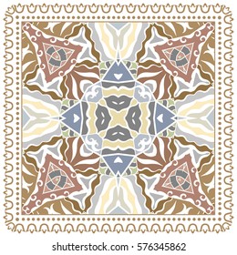 Decorative abstract colorful background, geometric floral doodle pattern with ornate lace frame. Tribal ethnic ornament. Bandanna shawl fabric print, silk neck scarf or kerchief design