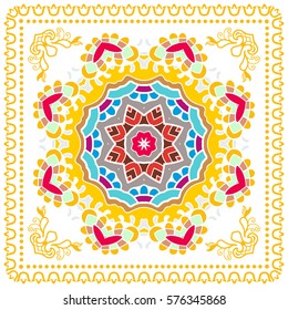 Decorative abstract colorful background, geometric floral doodle pattern with ornate lace frame. Tribal ethnic mandala ornament. Bandanna shawl fabric print, silk neck scarf or kerchief design