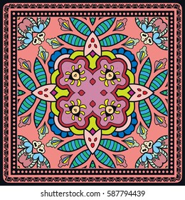 Decorative abstract colorful background, geometric floral doodle pattern with ornate lace frame. Tribal ethnic ornament. Bandanna shawl fabric print, silk neck scarf or kerchief design