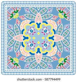 Decorative abstract colorful background, geometric floral doodle pattern with ornate lace frame. Tribal ethnic ornament. Bandanna shawl fabric print, silk neck scarf or kerchief design