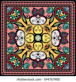 Decorative abstract colorful background, geometric floral doodle pattern with ornate lace frame. Tribal ethnic ornament. Bandanna shawl fabric print, silk neck scarf or kerchief design
