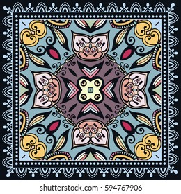 Decorative abstract colorful background, geometric floral doodle pattern with ornate lace frame. Tribal ethnic ornament. Bandanna shawl fabric print, silk neck scarf or kerchief design