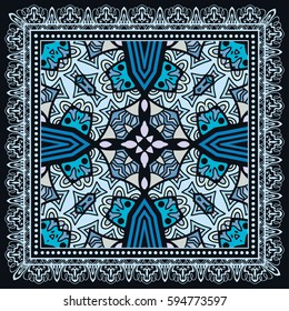 Decorative abstract colorful background, geometric floral doodle pattern with ornate lace frame. Tribal ethnic ornament. Bandanna shawl fabric print, silk neck scarf or kerchief design