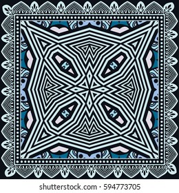 Decorative abstract colorful background, geometric floral doodle pattern with ornate lace frame. Tribal ethnic ornament. Bandanna shawl fabric print, silk neck scarf or kerchief design