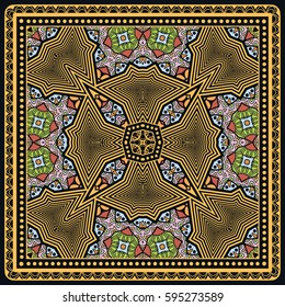 Decorative abstract colorful background, geometric floral doodle pattern with ornate lace frame. Tribal ethnic ornament. Bandanna shawl fabric print, silk neck scarf or kerchief design