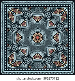 Decorative abstract colorful background, geometric floral doodle pattern with ornate lace frame. Tribal ethnic ornament. Bandanna shawl fabric print, silk neck scarf or kerchief design