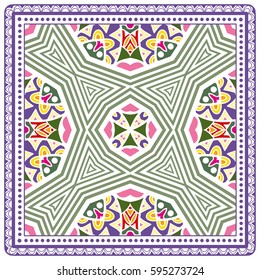 Decorative abstract colorful background, geometric floral doodle pattern with ornate lace frame. Tribal ethnic ornament. Bandanna shawl fabric print, silk neck scarf or kerchief design