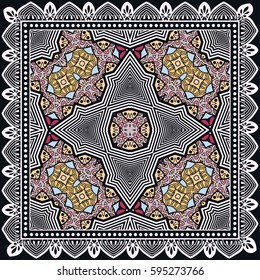 Decorative abstract colorful background, geometric floral doodle pattern with ornate lace frame. Tribal ethnic ornament. Bandanna shawl fabric print, silk neck scarf or kerchief design