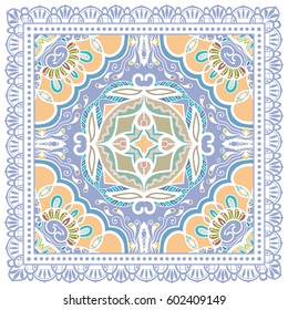 Decorative abstract colorful background, geometric floral doodle pattern with ornate lace frame. Tribal ethnic ornament. Bandanna shawl fabric print, silk neck scarf or kerchief design