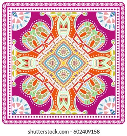 Decorative abstract colorful background, geometric floral doodle pattern with ornate lace frame. Tribal ethnic ornament. Bandanna shawl fabric print, silk neck scarf or kerchief design