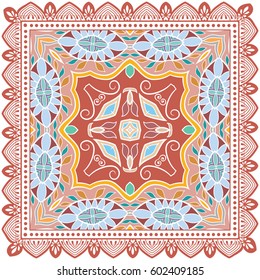 Decorative abstract colorful background, geometric floral doodle pattern with ornate lace frame. Tribal ethnic ornament. Bandanna shawl fabric print, silk neck scarf or kerchief design