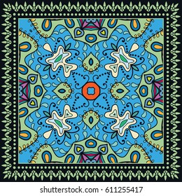 Decorative abstract colorful background, geometric floral doodle pattern with ornate lace frame. Tribal ethnic ornament. Bandanna shawl fabric print, silk neck scarf or kerchief design