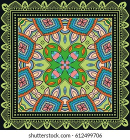 Decorative abstract colorful background, geometric floral doodle pattern with ornate lace frame. Tribal ethnic ornament. Bandanna shawl fabric print, silk neck scarf or kerchief design