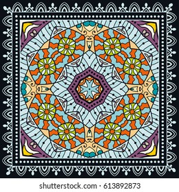 Decorative abstract colorful background, geometric floral doodle pattern with ornate lace frame. Tribal ethnic ornament. Bandanna shawl fabric print, silk neck scarf or kerchief design