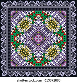Decorative abstract colorful background, geometric floral doodle pattern with ornate lace frame. Tribal ethnic ornament. Bandanna shawl fabric print, silk neck scarf or kerchief design