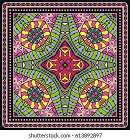 Decorative abstract colorful background, geometric floral doodle pattern with ornate lace frame. Tribal ethnic ornament. Bandanna shawl fabric print, silk neck scarf or kerchief design
