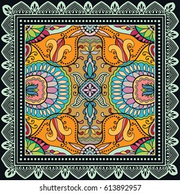 Decorative abstract colorful background, geometric floral doodle pattern with ornate lace frame. Tribal ethnic ornament. Bandanna shawl fabric print, silk neck scarf or kerchief design