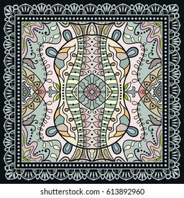 Decorative abstract colorful background, geometric floral doodle pattern with ornate lace frame. Tribal ethnic ornament. Bandanna shawl fabric print, silk neck scarf or kerchief design