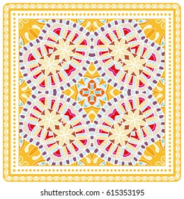 Decorative abstract colorful background, geometric floral doodle pattern with ornate lace frame. Tribal ethnic ornament. Bandanna shawl fabric print, silk neck scarf or kerchief design