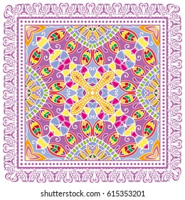 Decorative abstract colorful background, geometric floral doodle pattern with ornate lace frame. Tribal ethnic ornament. Bandanna shawl fabric print, silk neck scarf or kerchief design