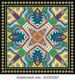Decorative abstract colorful background, geometric floral doodle pattern with ornate lace frame. Tribal ethnic ornament. Bandanna shawl fabric print, silk neck scarf or kerchief design